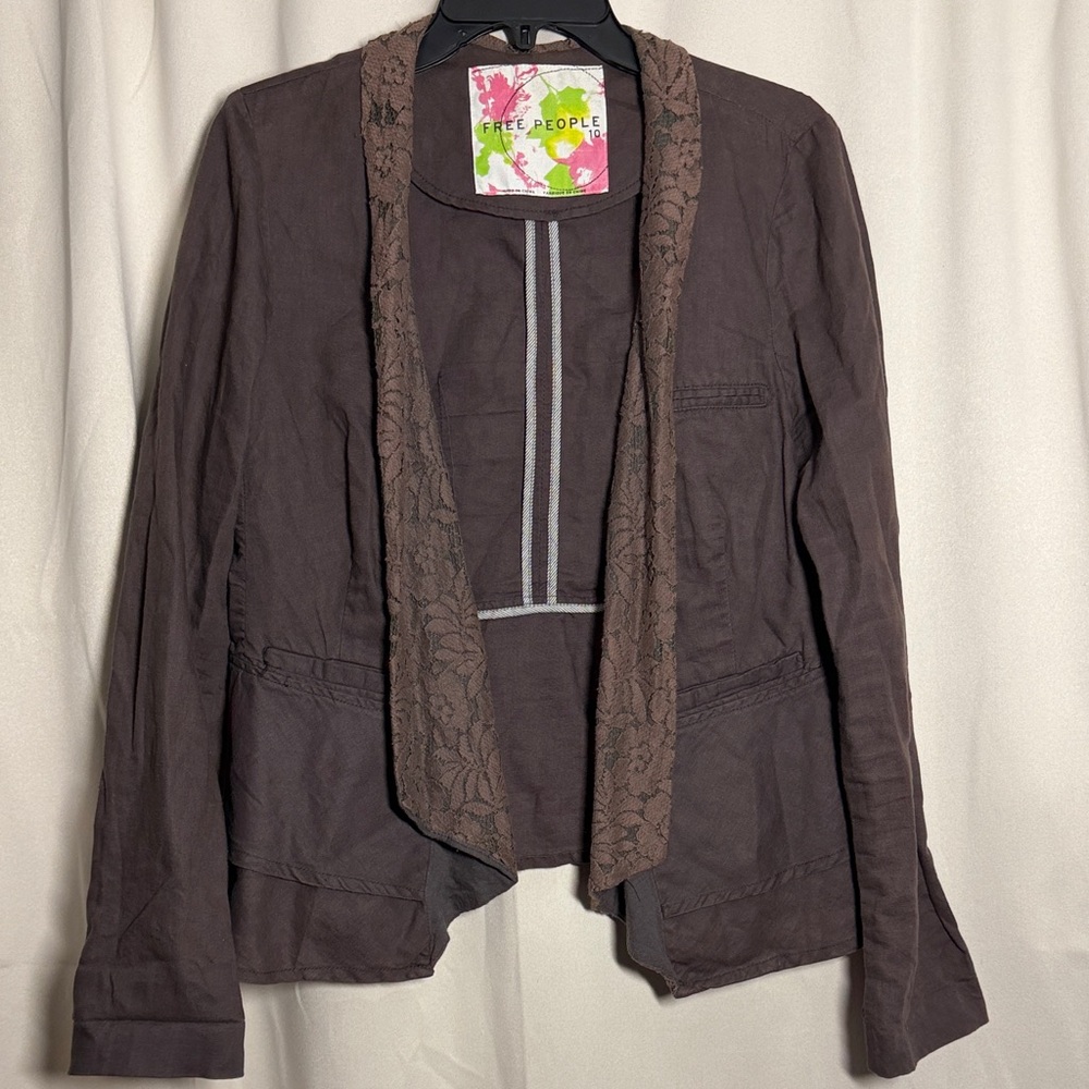 Free People Vintage Brown Lace Lapel Ruffle Linen Blend Peplum Blazer Jacket 10